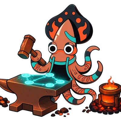 The Crucible sky-squid forging a glowing statechart at the anvil.